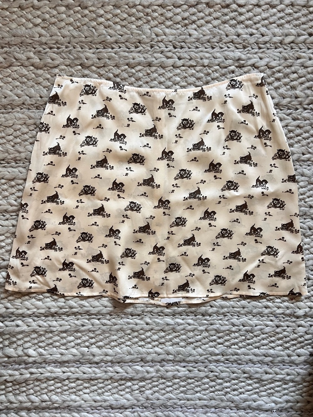 Reformation Silk Cream Mini Skirt with Brown Kitten Print
